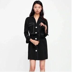 Zara Basic Contrast Stitch Mini Shirt Dress Black White L